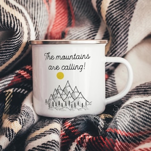 The Mountains Are Calling Enamel Camper Mug - Line Art Design - Cure Camping Mugs