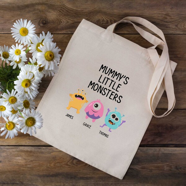 Gepersonaliseerde Kleine Monsters Tote Bag - Mummie - Boodschappentas - Cadeaus Voor Mama - Mum Tote Bag - Moederdag Cadeau