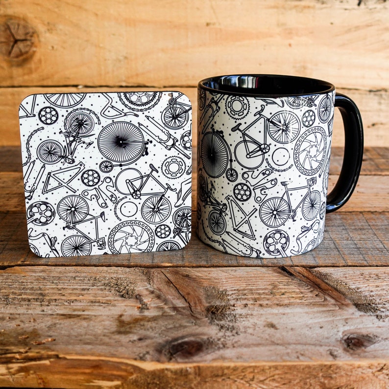 Bike Doodle Mug and Coaster Set - Cycle - Bike - Cycling Gift Mug & Coaster