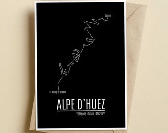 Alpe d'Huez Famous Climbs Cycling Art Card - Alpe d'Huez Route Card - Cycling Print