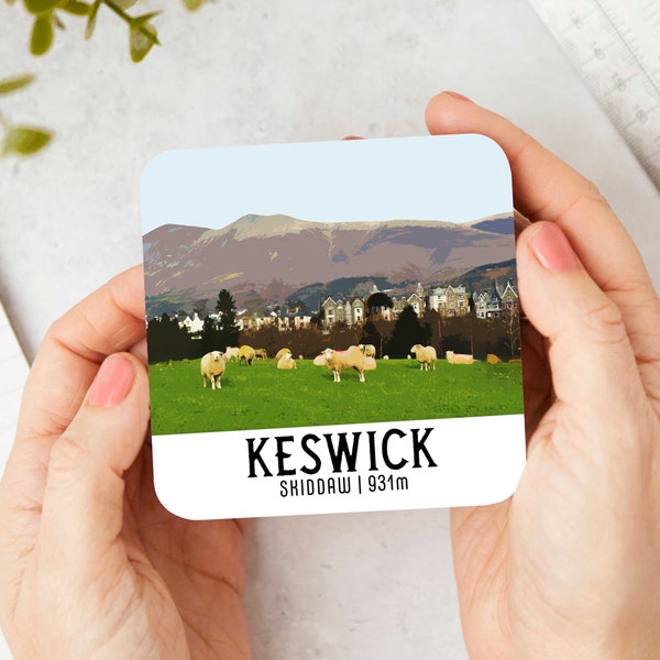 Keswick & Skiddaw Landscape Coaster | Vintage Style Travel Poster Drinks Coaster | Skiddaw Coaster | Keswick Coaster | Sheep Coaster