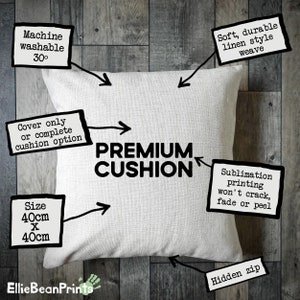 May include: A square, off-white premium cushion with the text "PREMIUM CUSHION". The cushion is 15.7 inches by 15.7 inches, with a hidden zipper. Features include a soft, durable linen-style weave and sublimation printing that won't crack, fade, or peel.