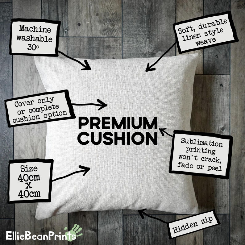 May include: A square, off-white premium cushion with the text "PREMIUM CUSHION". The cushion is 15.7 inches by 15.7 inches, with a hidden zipper. Features include a soft, durable linen-style weave and sublimation printing that won't crack, fade, or peel.