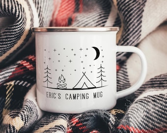 Personalised Line Art Camping Enamel Mug |  Camp Tin Mug