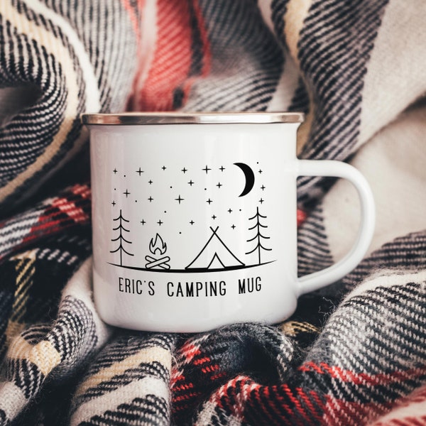 Personalised Line Art Camping Enamel Mug |  Camp Tin Mug