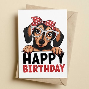 Dachshund Birthday Card | Cartoon Cute Dachshund Birthday Card | Dog Birthday Card