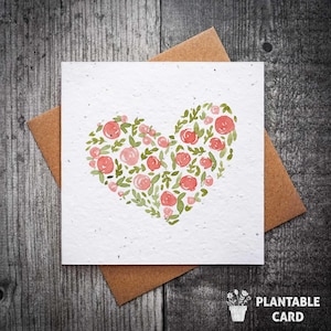 Semplice biglietto di San Valentino a forma di cuore con acquerello / Biglietto di San Valentino piantabile / Biglietti di San Valentino con semi / Biglietto a forma di cuore dipinto a mano