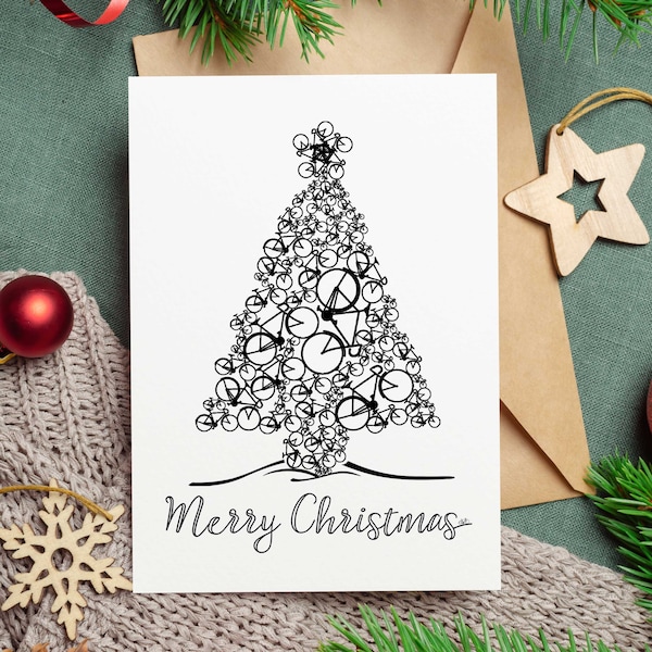 Bike Christmas Tree Blank Greeting Card - Bike Gift - Cycling Christmas Card - Cyclist - Blank - Bike Christmas -Cycling Gift
