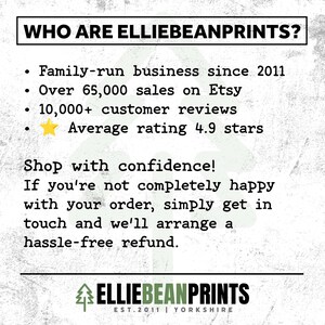K&ouml;nnte beinhalten: Text auf wei&szlig;em Hintergrund mit der Aufschrift &bdquo;WHO ARE ELLIEBEANPRINTS?&ldquo;, gefolgt von Informationen &uuml;ber das Unternehmen, einschlie&szlig;lich Verk&auml;ufen und Kundenbewertungen. Der Text &bdquo;Shop with confidence!&ldquo; wird ebenfalls angezeigt.