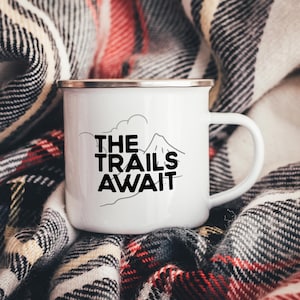 The Trails Await Enamel Camper Mug | Tin MTB Mug | Mountain Bike Enamel Mug | MTB Gift