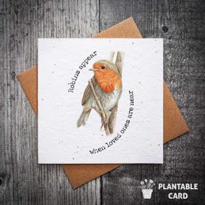 Carte de sympathie à planter - Carte du souvenir Robin, papier écologique avec graines de fleurs sauvages. Des rouges-gorges apparaissent lorsque des proches sont à proximité d'une carte