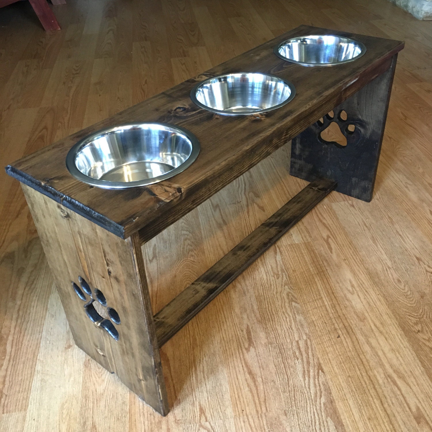 Vintage White Wood and Industrial Metal Raised Dog Bowls for