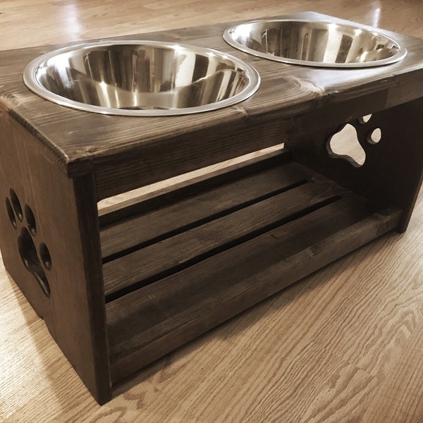 Raised Dog Bowl Stand / Custom Height 12" to 24" / Custom Finish / Large and Medium Dog Feeder with Storage