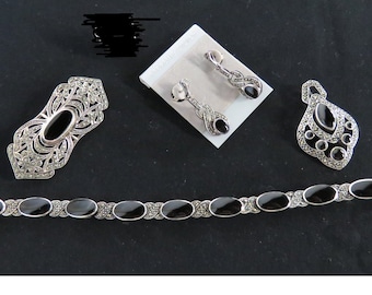 Marcasite Black Onyx Sterling Silver Brooch Earrings Bracelet And Pendant Set 4 Pc Set Black Onyx Marcasite Sterling Silver Set