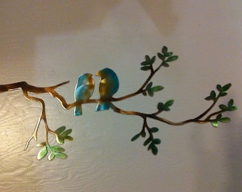 Love Birds on Limb Metal Dyed Wall Art
