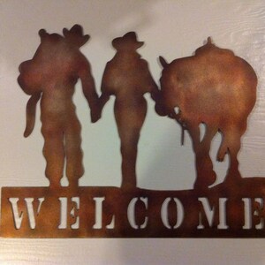 Cowboy & Cowgirl With Horse Welcome Sign Metal Country Metal Welcome Sign