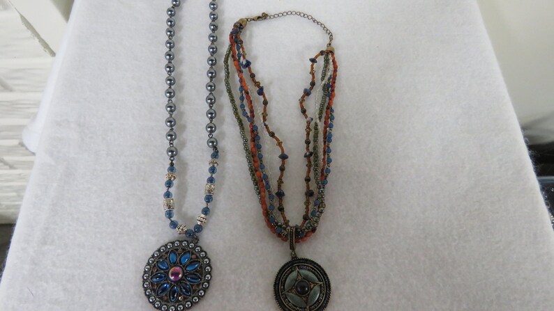 Avon Blue Necklace Lot Blue Medallion Necklace Sets of 2 Necklaces Earthtones Blue Medallion Necklace Set Vintage Avon Purple Blue Brown