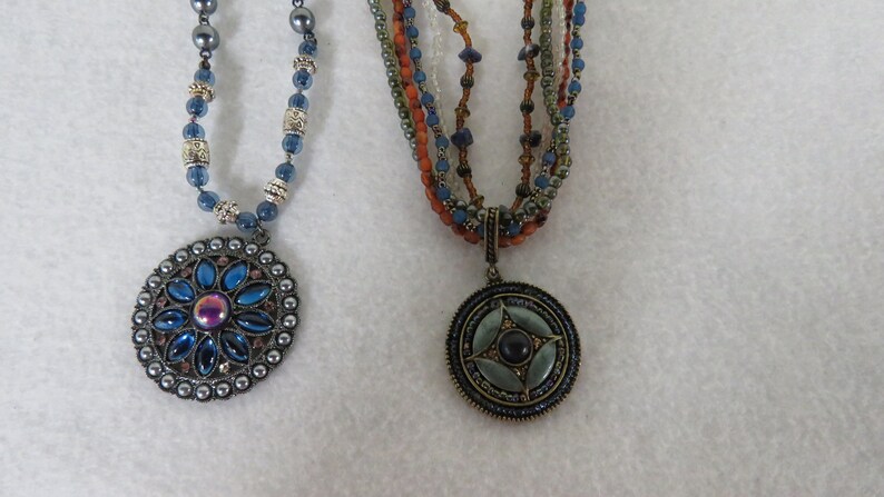 Avon Blue Necklace Lot Blue Medallion Necklace Sets of 2 Necklaces Earthtones Blue Medallion Necklace Set Vintage Avon Purple Blue Brown