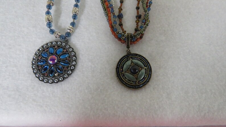 Avon Blue Necklace Lot Blue Medallion Necklace Sets of 2 Necklaces Earthtones Blue Medallion Necklace Set Vintage Avon Purple Blue Brown