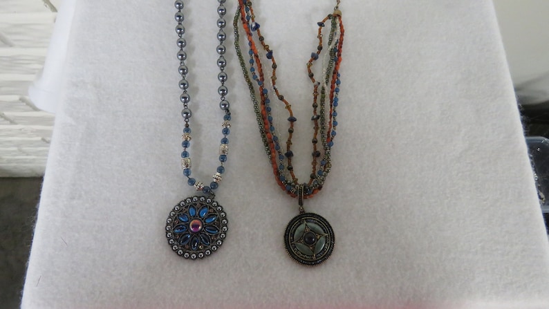 Avon Blue Necklace Lot Blue Medallion Necklace Sets of 2 Necklaces Earthtones Blue Medallion Necklace Set Vintage Avon Purple Blue Brown