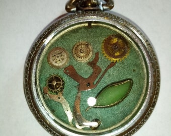 Antique Pocket Watch Tree Motif Repurposed Steampunk Craft Ornament Pendant Keepsake Sculpture Tree Antique Pocket Watch parts