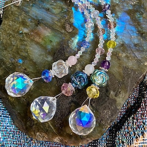 Crystal Rose Suncatcher ~20mm Prism ~Sparkly Suncatcher ~Aurora Borealis AB Coating ~Magical ~Healing Energy ~Rose Quartz/Moonstone/Amethyst