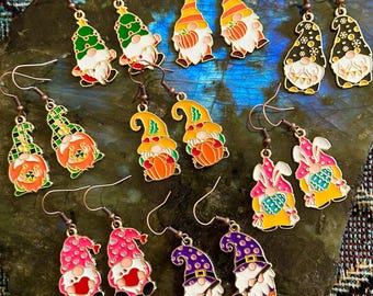 Holiday Gnome Earrings ~Gnome  Earrings ~Lightweight Earrings ~Goldtone Colorful Gnome Charms ~Copper Hooks