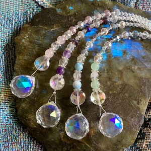 Crystal Suncatcher ~20mm Prism Sparkly Suncatcher ~Aurora Borealis AB Coating ~Magical ~Healing Energy ~Amethyst/Rose Qtz/Larimar/Aventurine