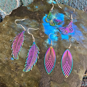 Rainbow Titanium Earrings ~Lightweight Dangle Earrings ~.925 Sterling Silver Hooks ~Feathers ~Petals ~Butterflies