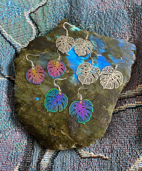 Monstera Leaf Earrings ~.925 Sterling Silver Hooks ~Silver ~Rainbow Titanium ~Lightweight Leaf Earrings ~Dangle Earrings ~Plant Lover Gifts