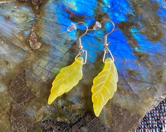 Jade Leaf Earrings ~Carved Olive Jade Leaves ~.925 Sterling Silver Fish Hooks ~Dangle Leaf Earrings ~Magical ~Healing Energy