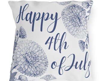 Floral Blue and White Patriotic Happy 4th of July Outdoor Pillow