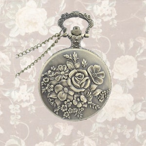 Vintage Inspired Victorian Bronze Floral Pocket Watch on Chain, Pocket Watch Necklace