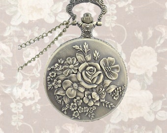 Vintage Inspired Victorian Bronze Floral Pocket Watch on Chain, Pocket Watch Necklace