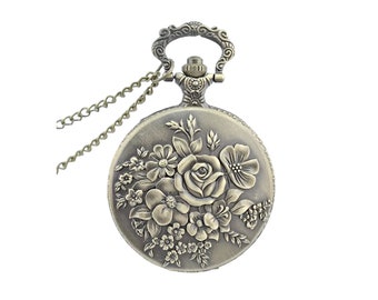 Vintage Inspired Victorian Bronze Floral Pocket Watch on Chain, Pocket Watch Necklace