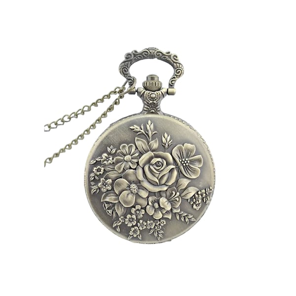 Vintage Inspired Victorian Bronze Floral Pocket Watch on Chain, Pocket Watch Necklace