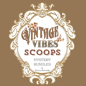 May include: An ornate, oval-shaped graphic with the words "VINTAGE VIBES SCOOPS" in a vintage font, with the words "MYSTERY BUNDLES" below. The graphic is set against a brown background, with floral accents.