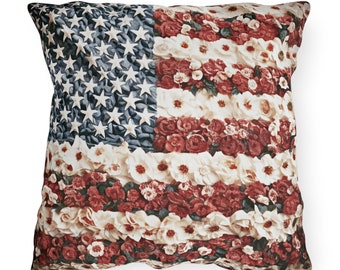 Patriotic 4th of July Floral American Flag Outdoor Pillow