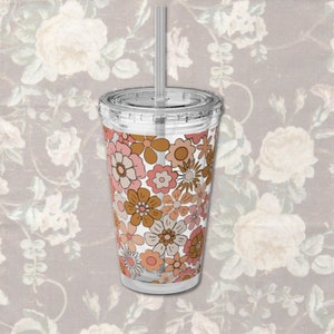 Tumbler with Straw 16oz Retro Florals Teen Tumbler gift for teen girls retro floral pattern cute tumbler poolside cold drink tumbler