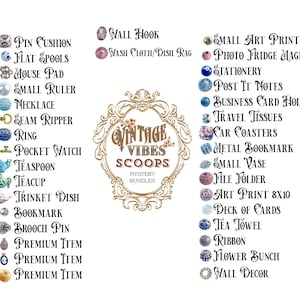 May include: A product list with the text "Vintage Vibes Scoops Mystery Bundles" in a decorative frame. The list includes items like earrings, notebooks, and wall art, along with premium items such as pillow covers and blankets.