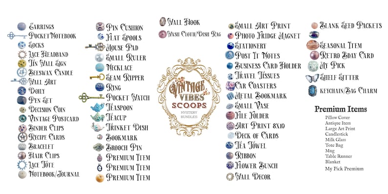 May include: A product list with the text "Vintage Vibes Scoops Mystery Bundles" in a decorative frame. The list includes items like earrings, notebooks, and wall art, along with premium items such as pillow covers and blankets.