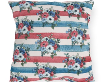 Red and Blue Striped Floral Bouquets 4th of July Outdoor Pillow Patriotic Floral Decorative Pillow