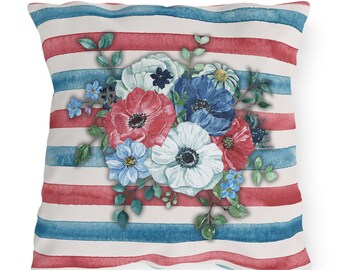 Red and Blue Striped Floral 4th of July Outdoor Pillow Patriotic Floral Decorative Pillow