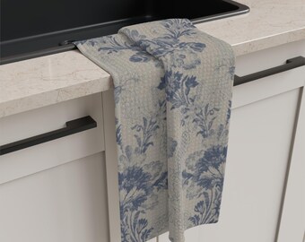 Blue Vintage Damask Microfiber Tea Towel | Floral Toile Kitchen Decor
