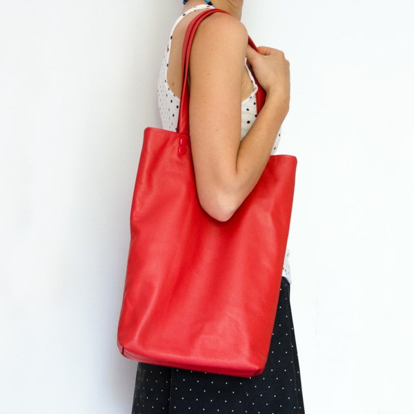 Red tote leather bag for her, woman genuine leather tote