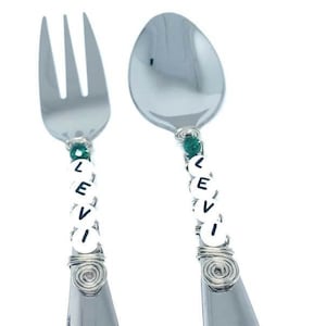 Personalized Children&#39;s Flatware Set: Beaded Stainless Steel Fork & Spoon