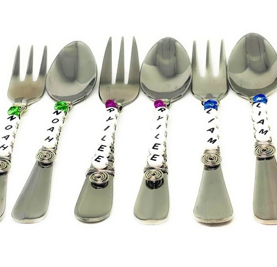 Personalized Lunch Box Silverware 2 Piece Set Beaded Stainless Steel  Cutlery/silverware 1 X Fork, 1 X Spoon up to 8 Letters 