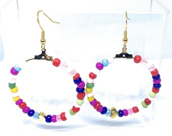 Beaded  Dangle Hoop Earrings | Love Summer | Colorful Seed Bead Hoop Earrings | Multicolor | Bohemian | Simple Earrings | Gift For Her