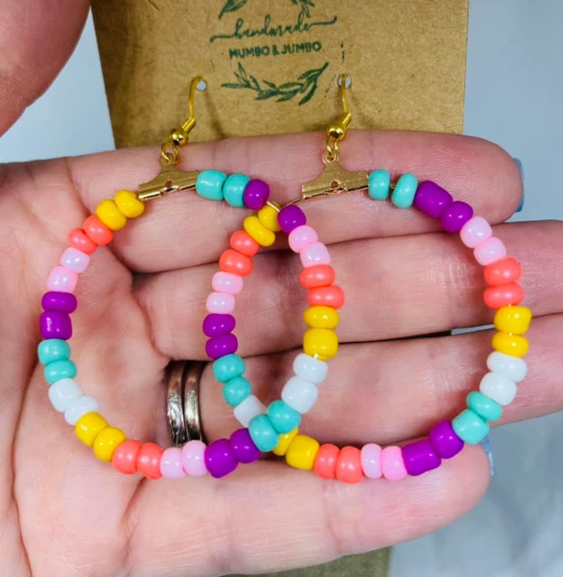 Beaded Dangle Hoop Earrings Summer Love Colorful Seed Bead Hoop