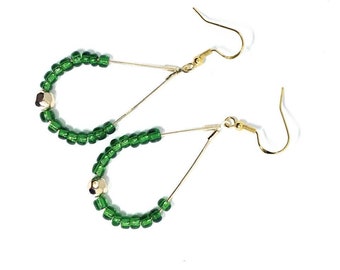 Green and Gold Beaded Dangle Teardrop Hoop Earrings | Seed Bead Hoop Earrings | Bohemian | Simple Earrings | Gift For Her